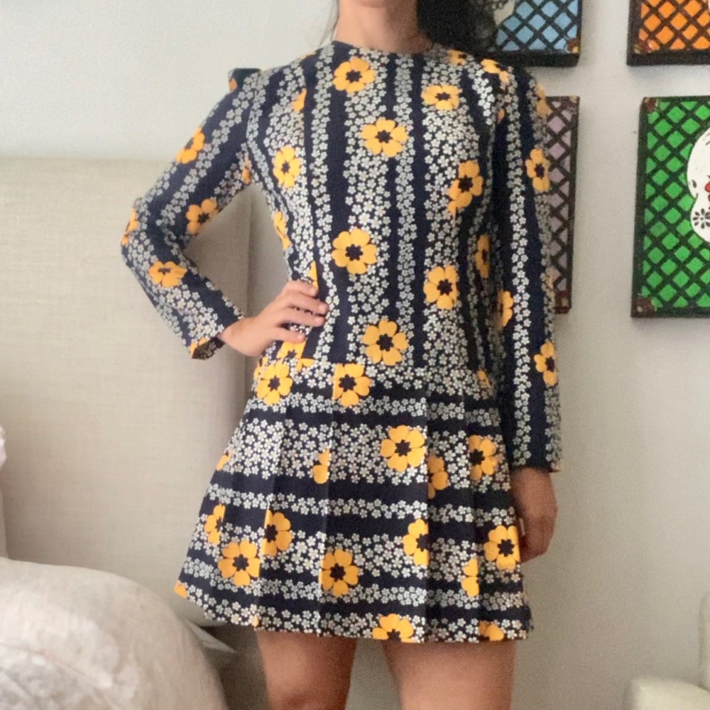 Vintage Navy Yellow Long-Sleeve Floral Dress - S/M